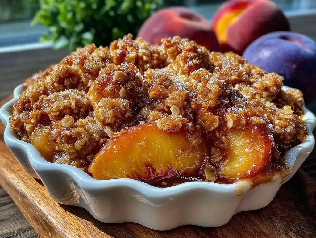 brown sugar bourbon peach crisp - featured image