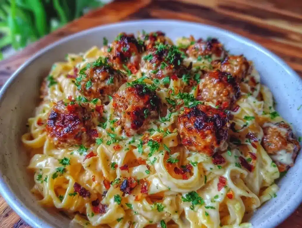 creamy garlic meatball pasta - featured image