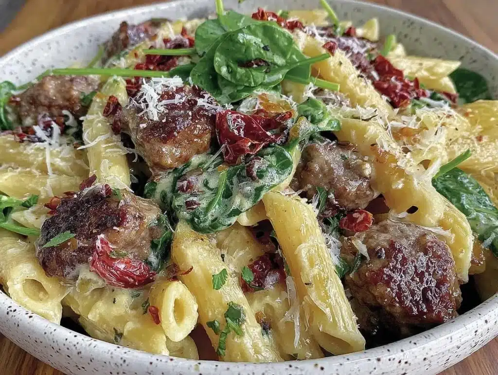 creamy tuscan white bean and sausage pasta - featured image