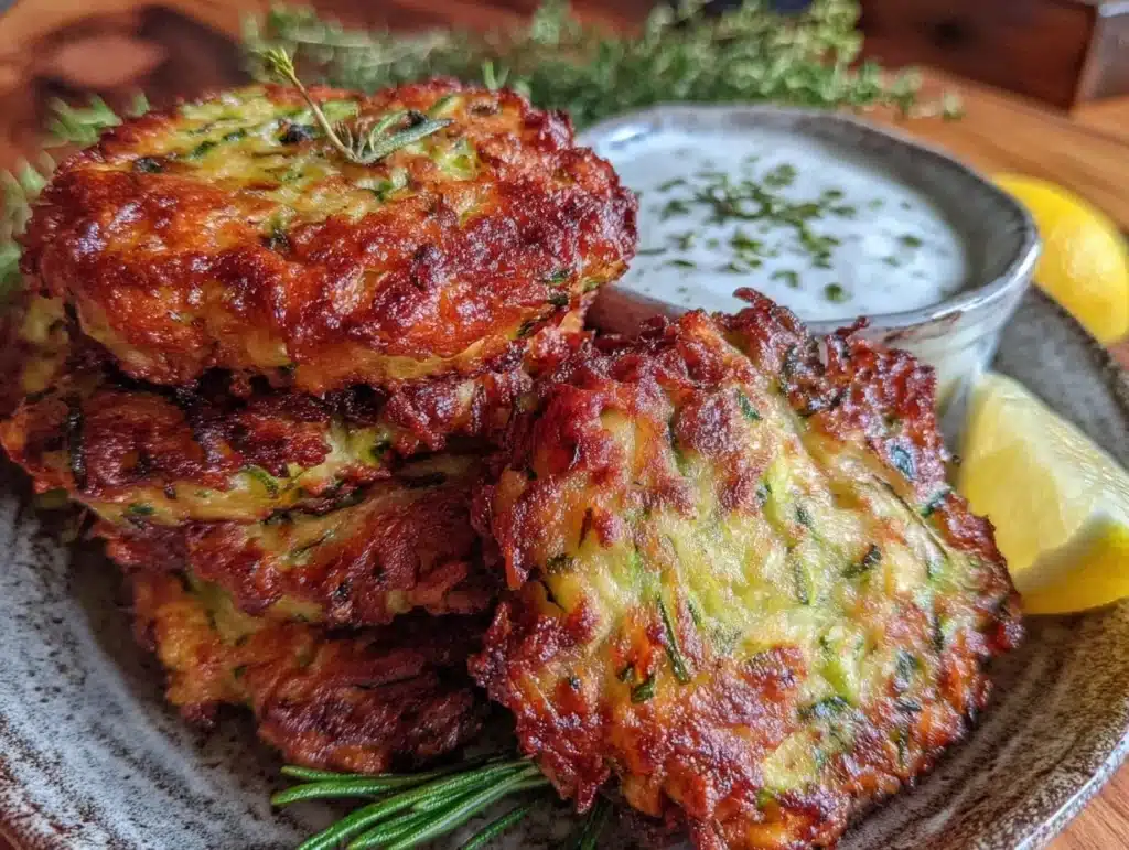 crispy shredded zucchini chicken fritters - featured image