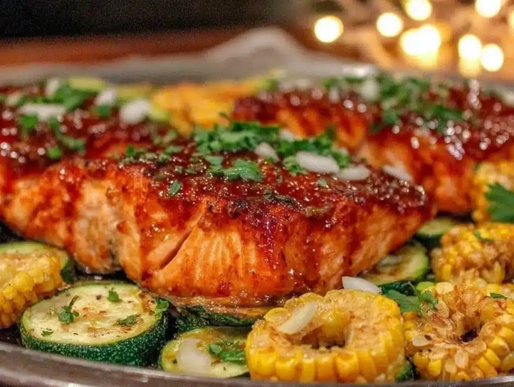 easy honey garlic salmon sheet pan dinner - featured image