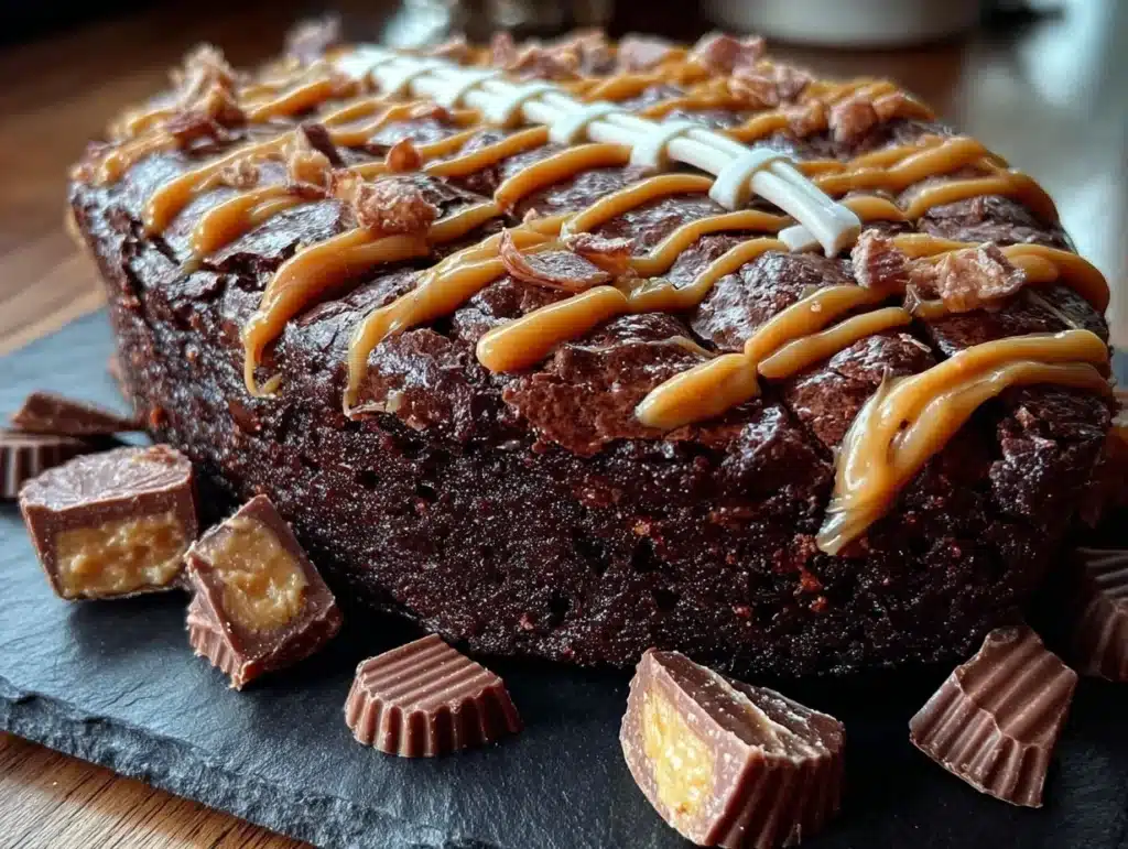 Football Shaped Reese’s Peanut Butter Brownie Cake - featured image