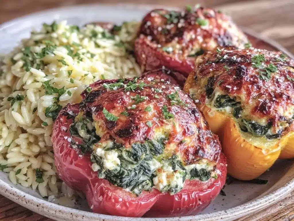 fresh spinach and feta stuffed bell peppers - featured image