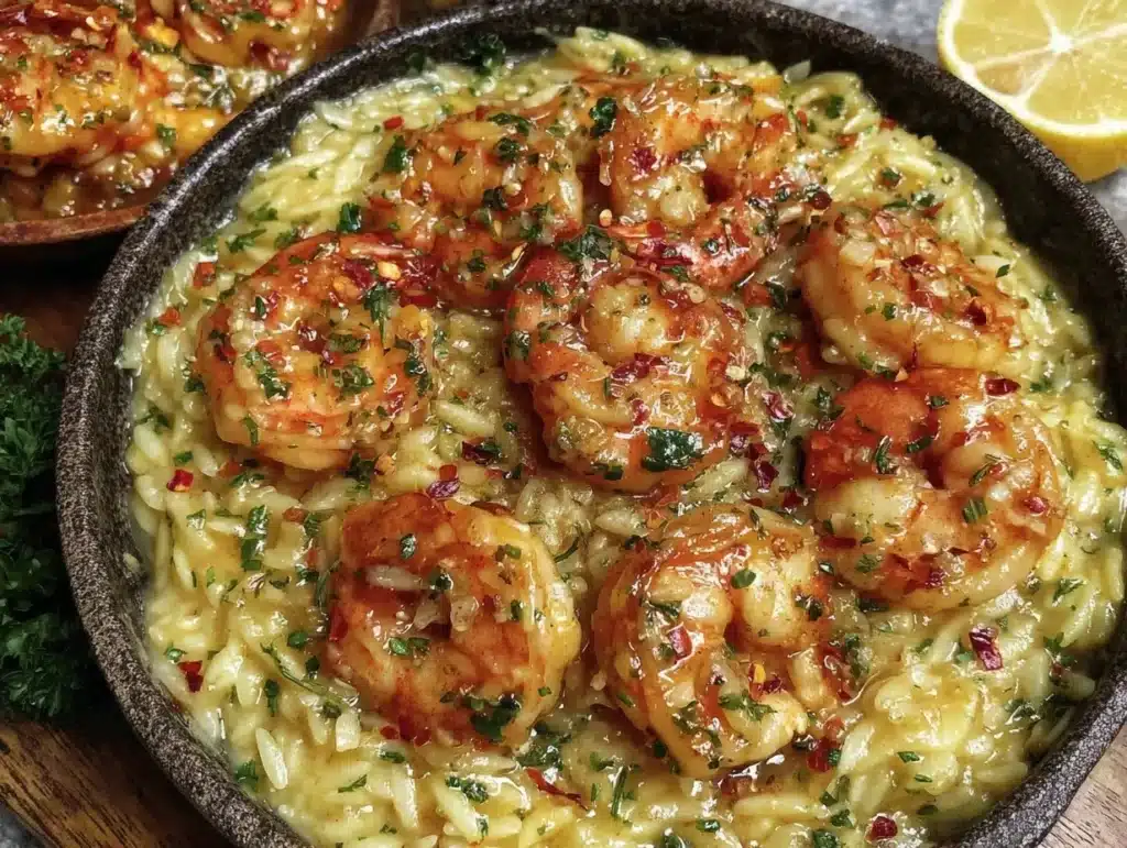 garlic butter shrimp orzo - featured image