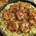 garlic butter shrimp orzo - featured image