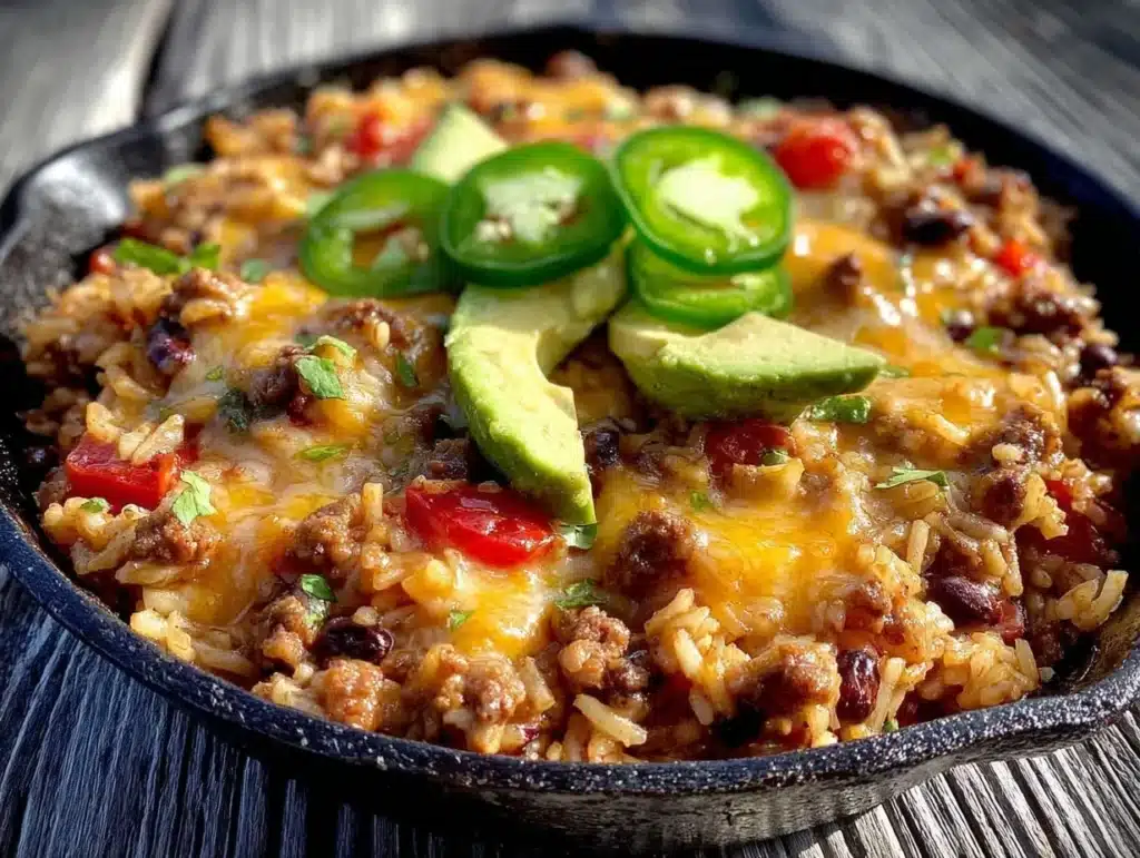 one-pan ground beef taco rice skillet - featured image