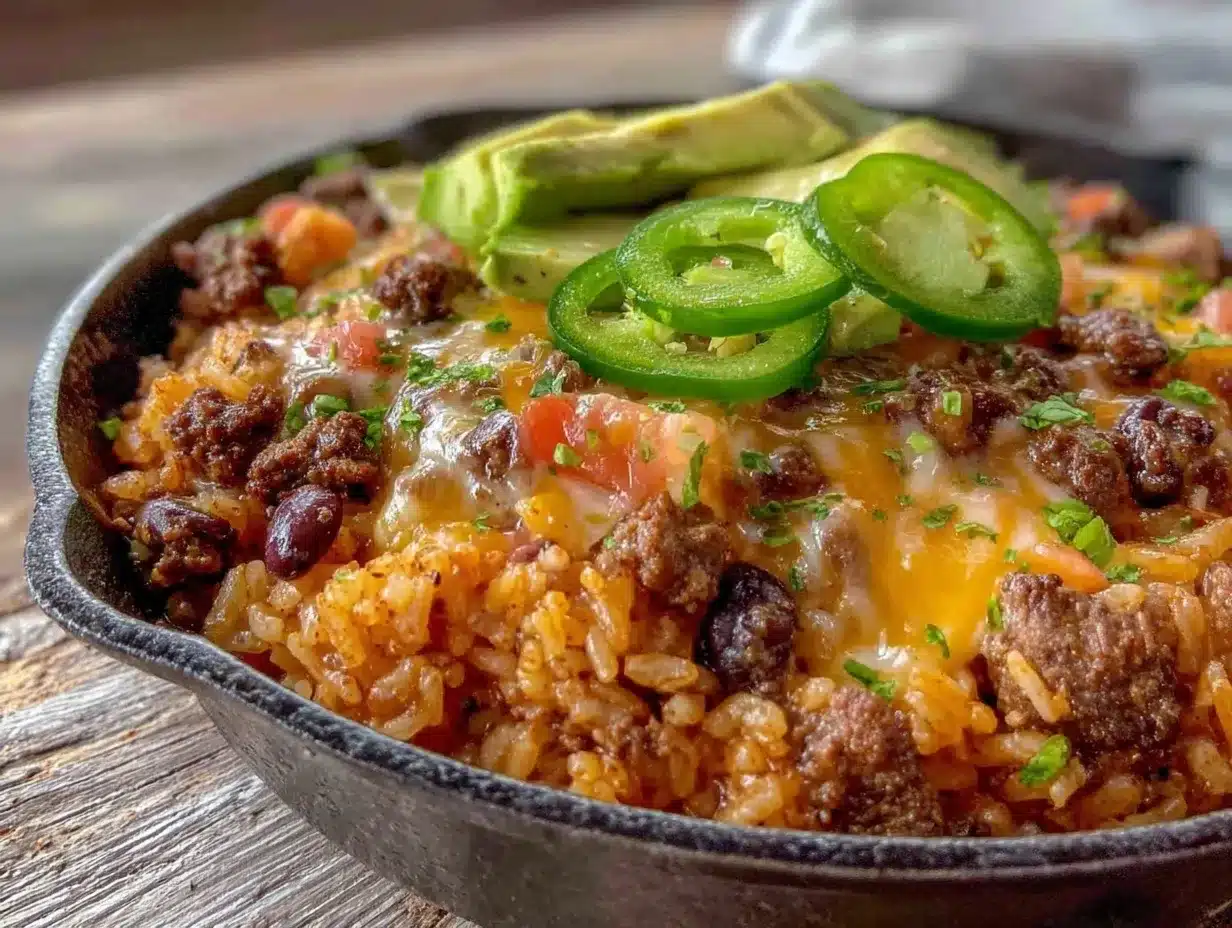 one-pan ground beef taco rice skillet preparation steps