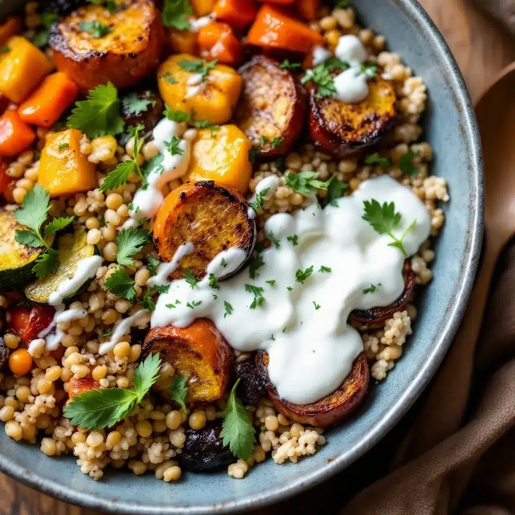 cozy fall harvest grain bowl with roasted vegetables preparation steps
