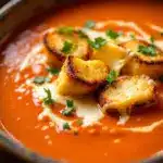 creamy tomato soup with grilled cheese croutons - featured image