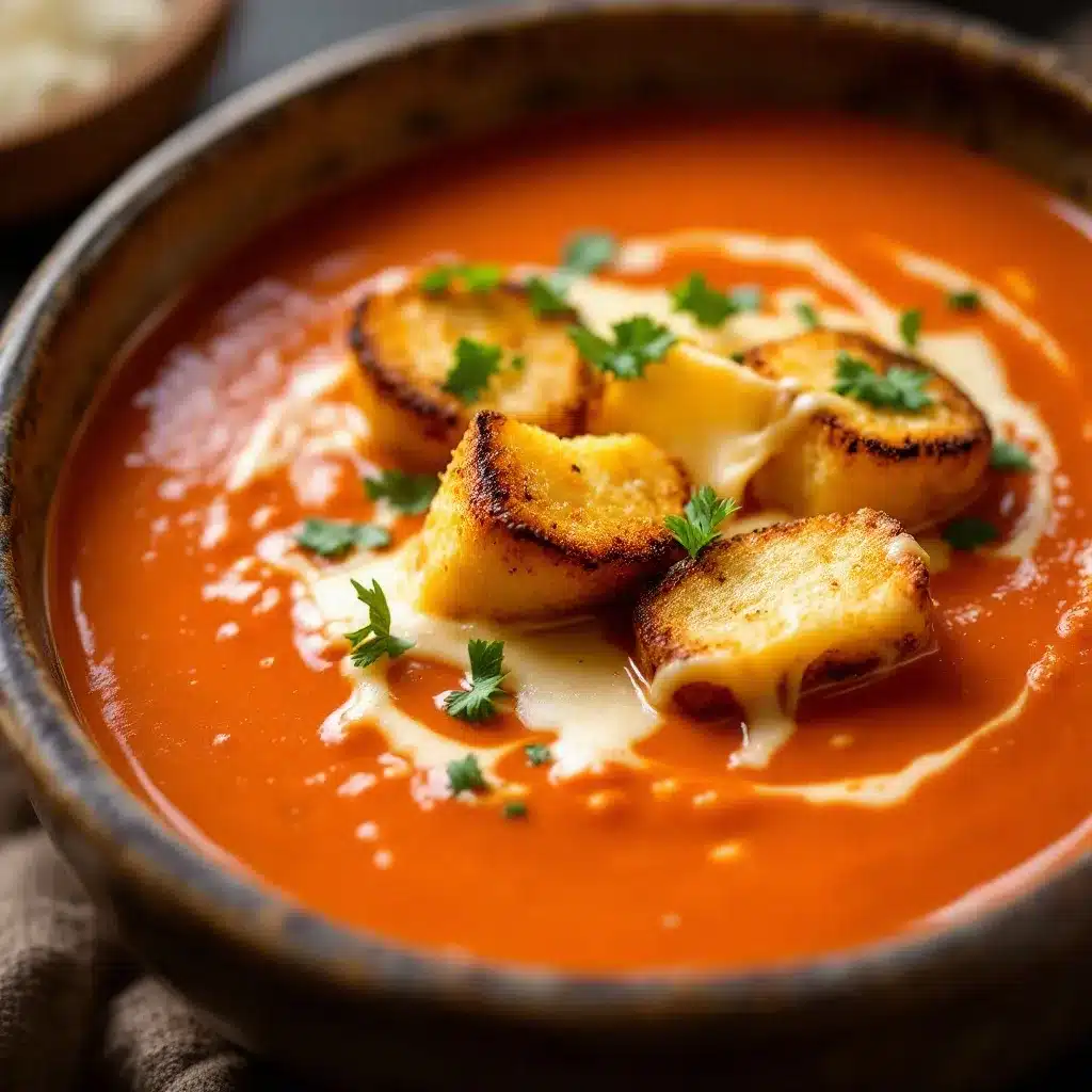 creamy tomato soup with grilled cheese croutons preparation steps