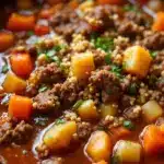 hearty slow cooker ground beef and vegetable soup - featured image