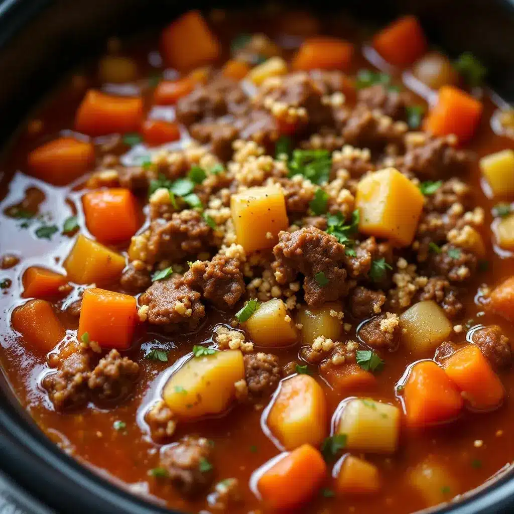 hearty slow cooker ground beef and vegetable soup preparation steps