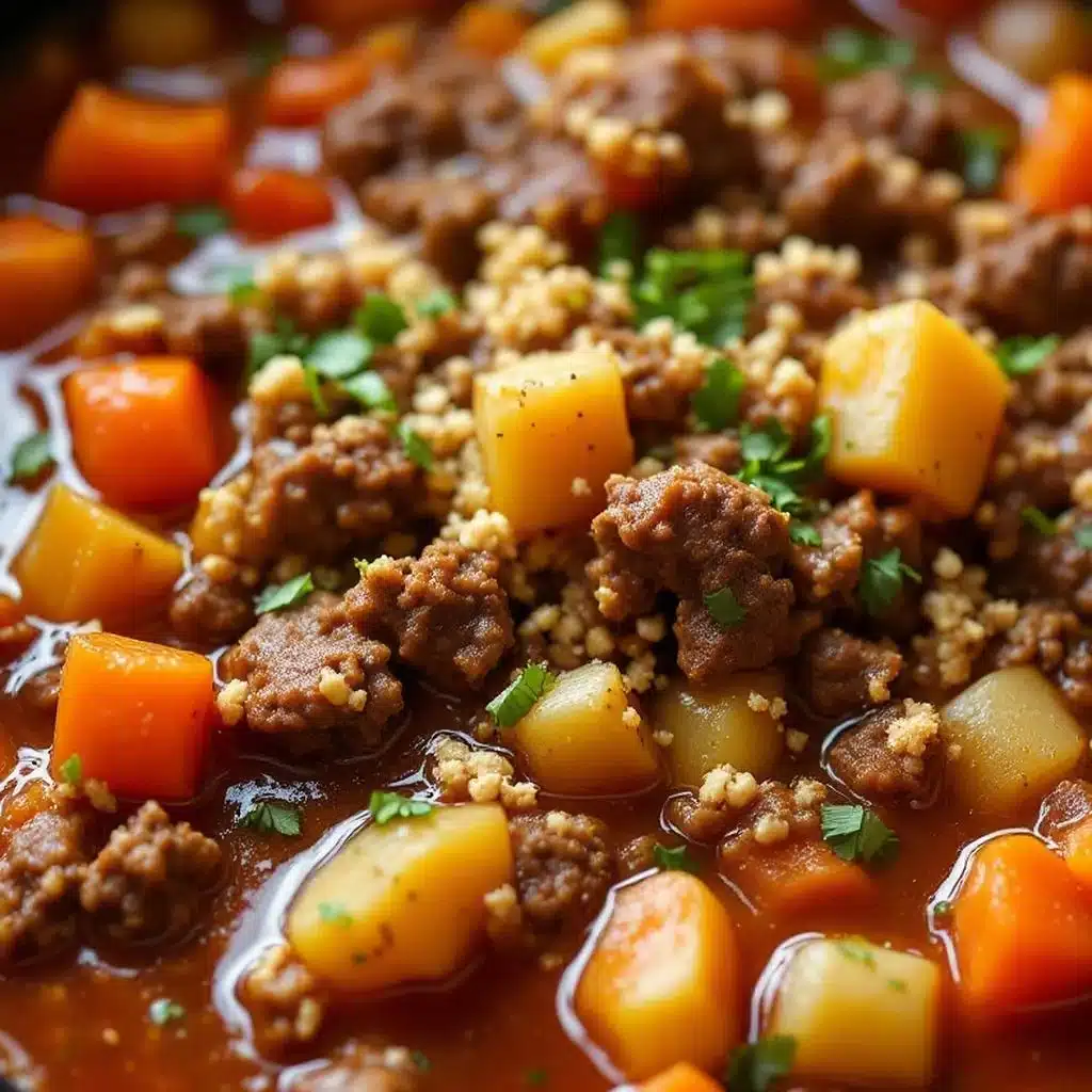 hearty slow cooker ground beef and vegetable soup - featured image