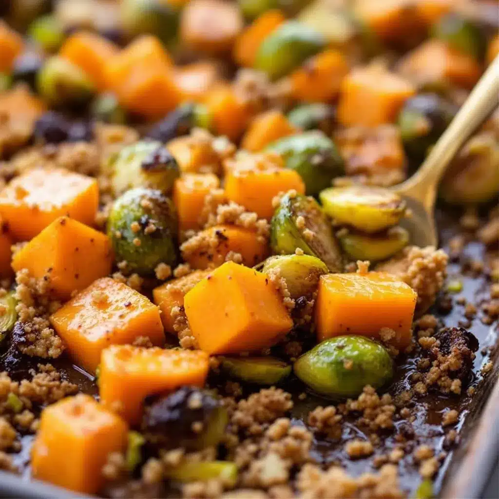 crispy roasted butternut squash and brussels sprouts preparation steps